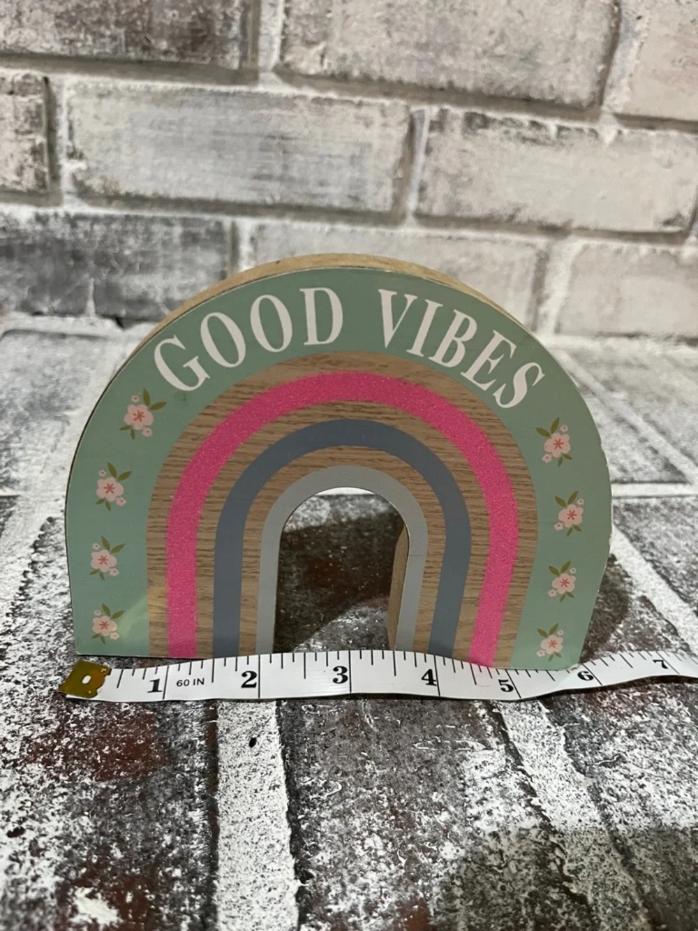 Boho Good Vibes Rainbow Wooden Sign Arch Decor Mint Pink Gray Tabletop Shelf Art